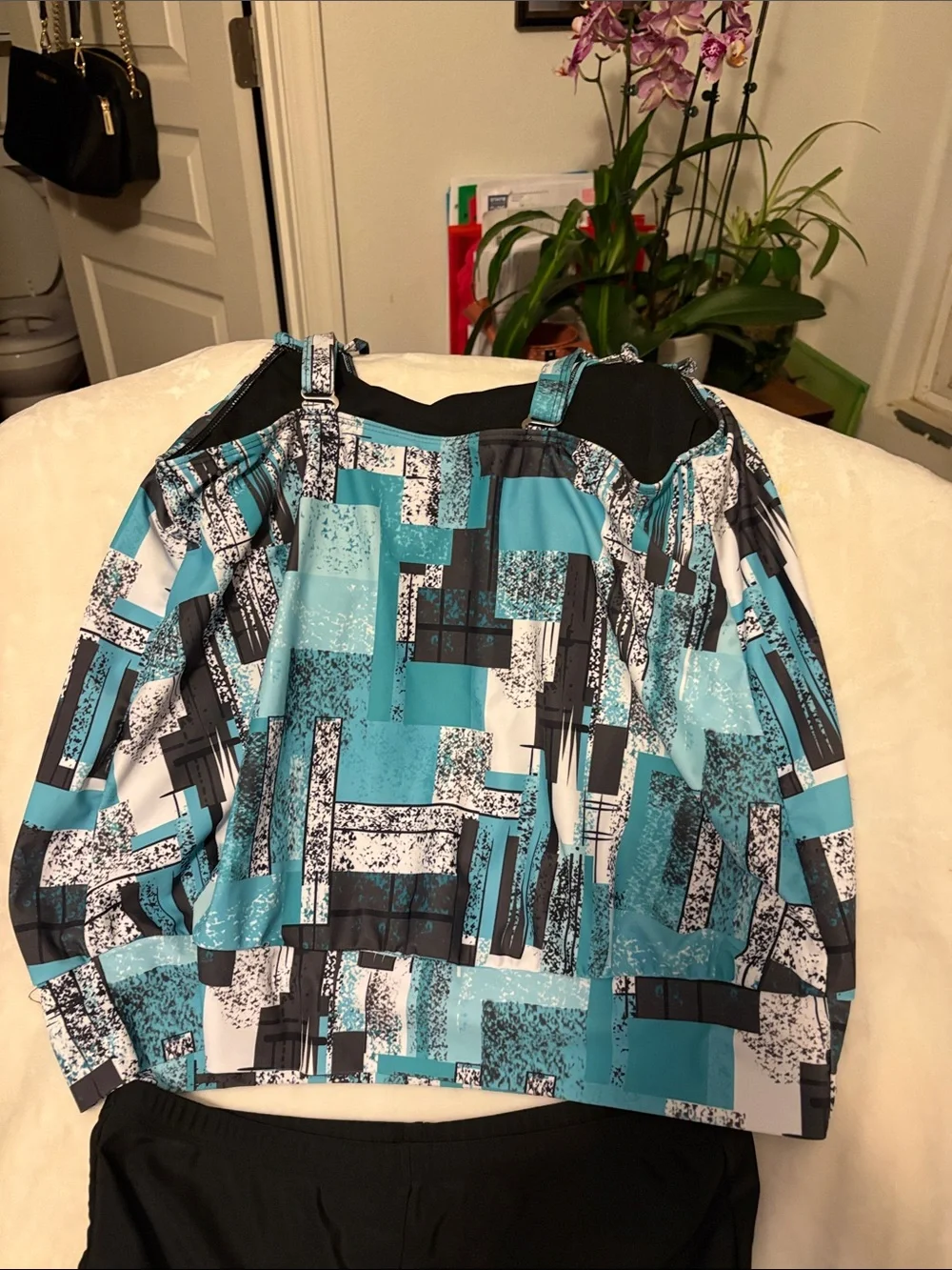 Turquoise & Black Geometric Strapless Tankini with Black Swim Shorts